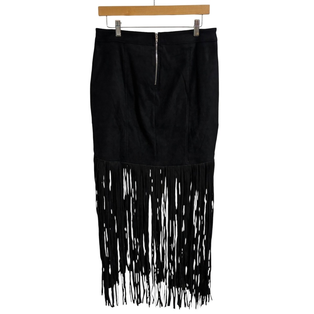 Rockin G Black Faux Suede Long Fringe Western Boho Festival Midi Skirt Large - Picture 3 of 11